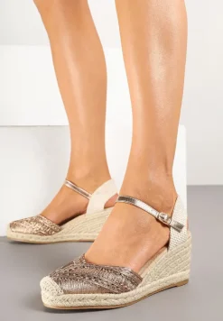 Szampańskie Sandały na Koturnie w Stylu Boho z Plecioną Cholewką Ralisses