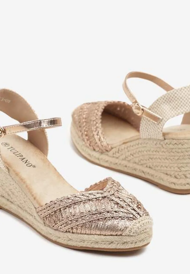 Szampańskie Sandały na Koturnie w Stylu Boho z Plecioną Cholewką Ralisses