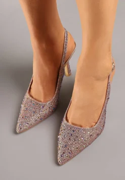 Szampańskie Sandały na Obcasie z Ozdobnymi Cyrkoniami i Szpiczastym Noskiem Rivasella