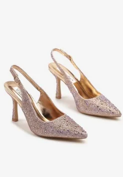 Szampańskie Sandały na Obcasie z Ozdobnymi Cyrkoniami i Szpiczastym Noskiem Rivasella