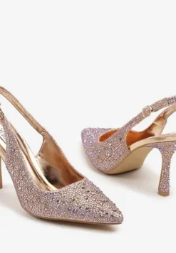 Szampańskie Sandały na Obcasie z Ozdobnymi Cyrkoniami i Szpiczastym Noskiem Rivasella