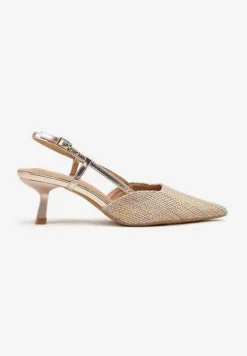 Szampańskie Sandały na Obcasie Typu Kaczuszka ze Szpiczastym Noskiem Gonnisia