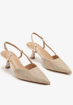 Szampańskie Sandały na Obcasie Typu Kaczuszka ze Szpiczastym Noskiem Gonnisia