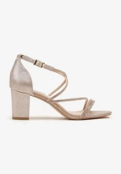 Szampańskie Sandały na Słupku z Cyrkoniami i Brokatem Silanelle