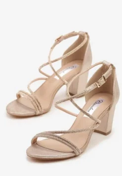 Szampańskie Sandały na Słupku z Cyrkoniami i Brokatem Silanelle