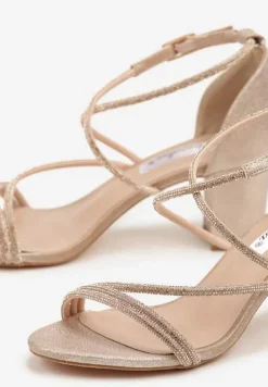 Szampańskie Sandały na Słupku z Cyrkoniami i Brokatem Silanelle