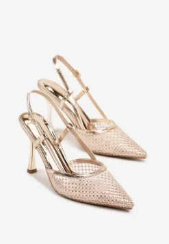 Szampańskie Sandały na Szpilce Vices z Siateczkową Cholewką z Cyrkoniami Liramire