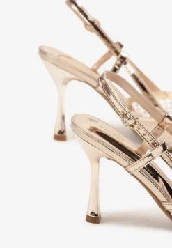 Szampańskie Sandały na Szpilce Vices z Siateczkową Cholewką z Cyrkoniami Liramire