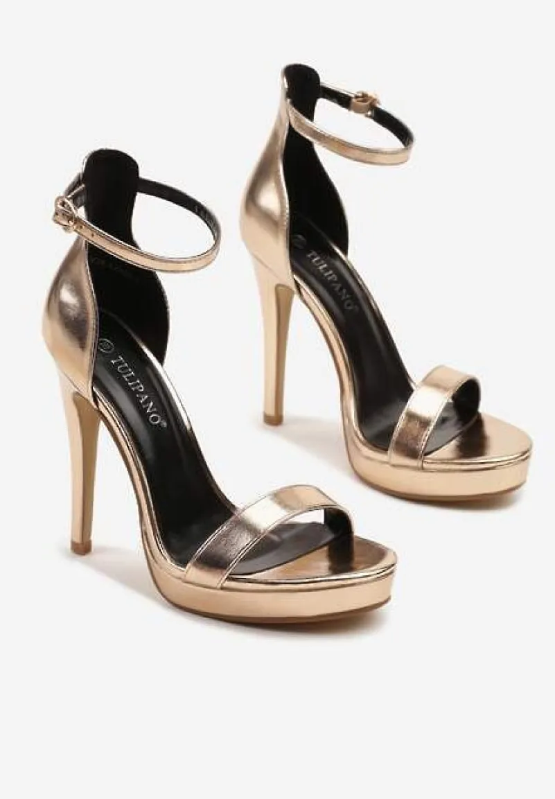 Szampańskie Sandały na Szpilce i Platformie z Paskiem Wokół Kostki Napelle