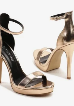Szampańskie Sandały na Szpilce i Platformie z Paskiem Wokół Kostki Napelle