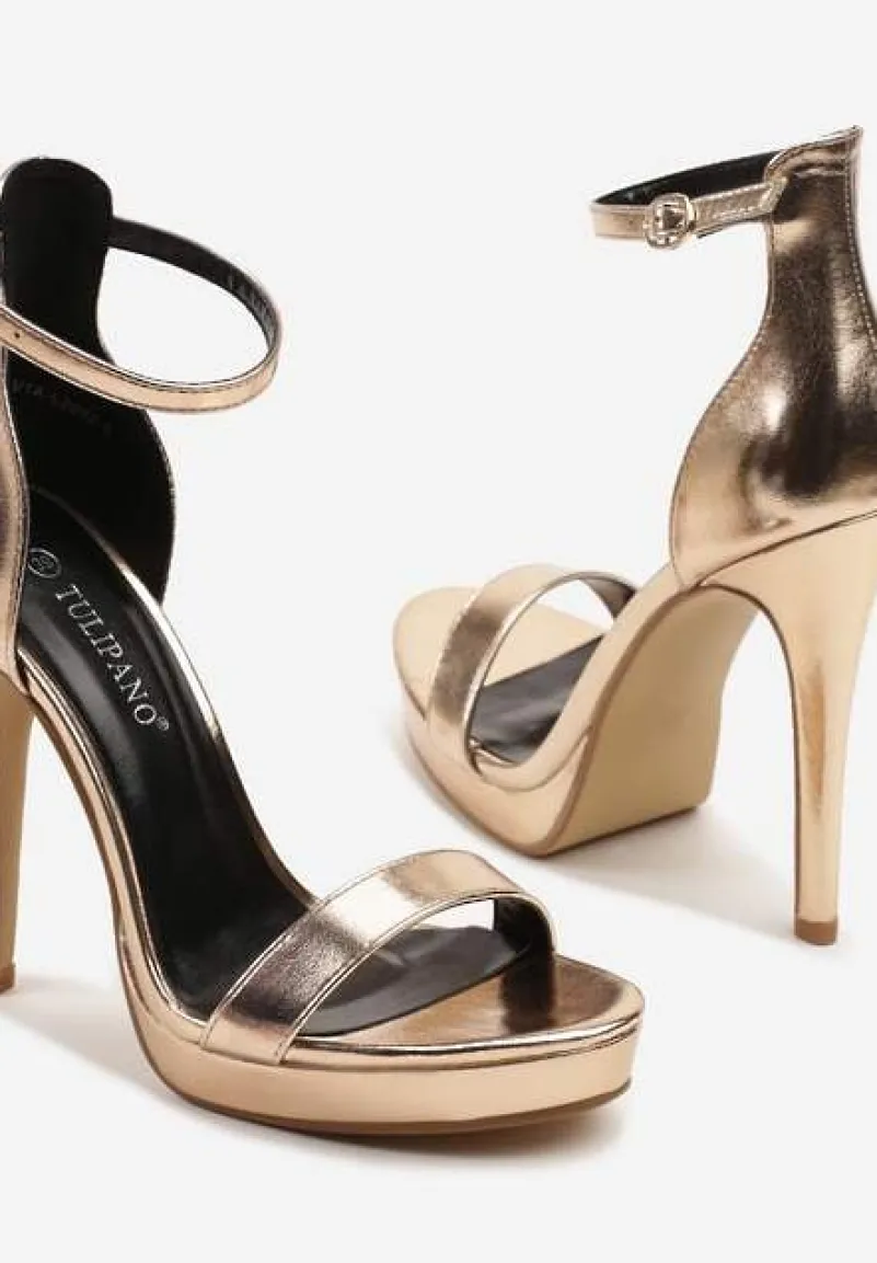 Szampańskie Sandały na Szpilce i Platformie z Paskiem Wokół Kostki Napelle