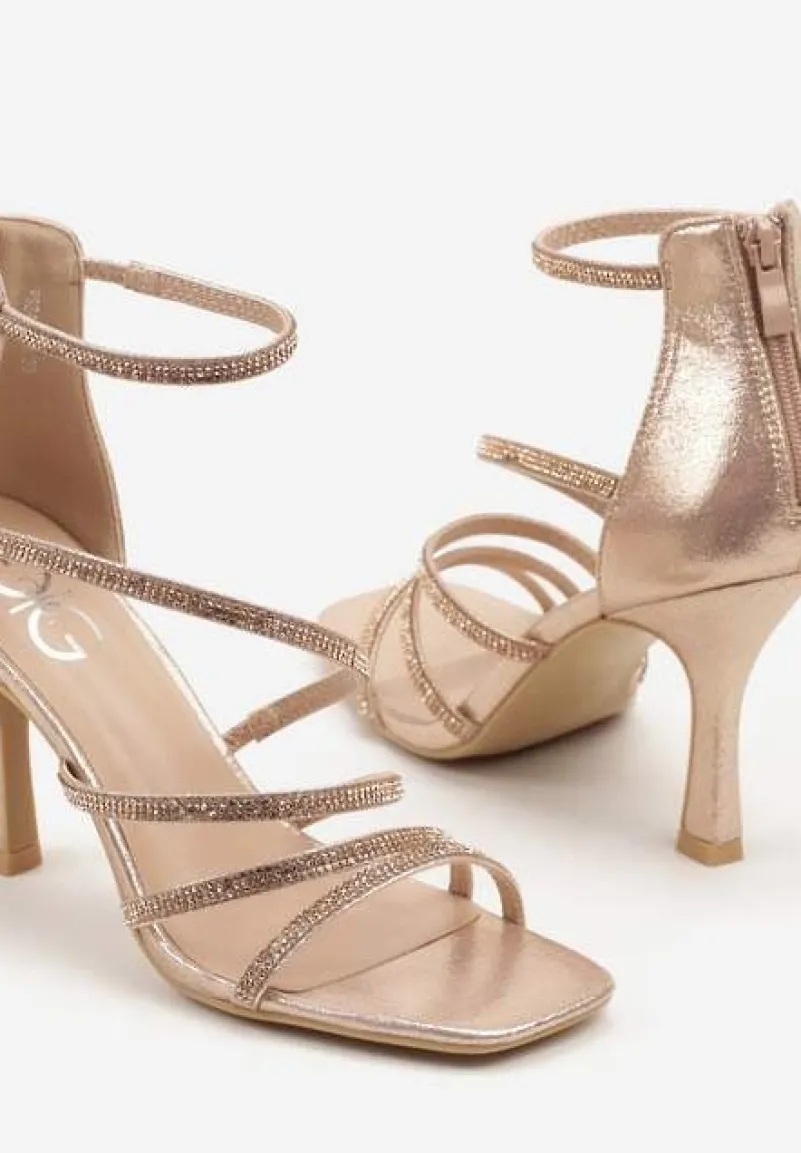 Szampańskie Sandały na Szpilce Ozdobione Cyrkoniami Irrisore