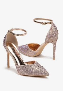 Szampańskie Sandały na Szpilce ze Sprzączką Ozdobione Cyrkoniami Alstresa
