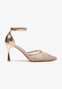 Szampańskie Sandały Szpilki z Siateczkowym Noskiem w Szpic Zdobionym Cyrkoniami Alirenda