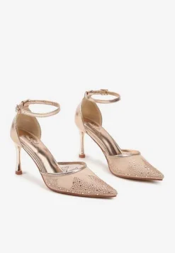 Szampańskie Sandały Szpilki z Siateczkowym Noskiem w Szpic Zdobionym Cyrkoniami Alirenda
