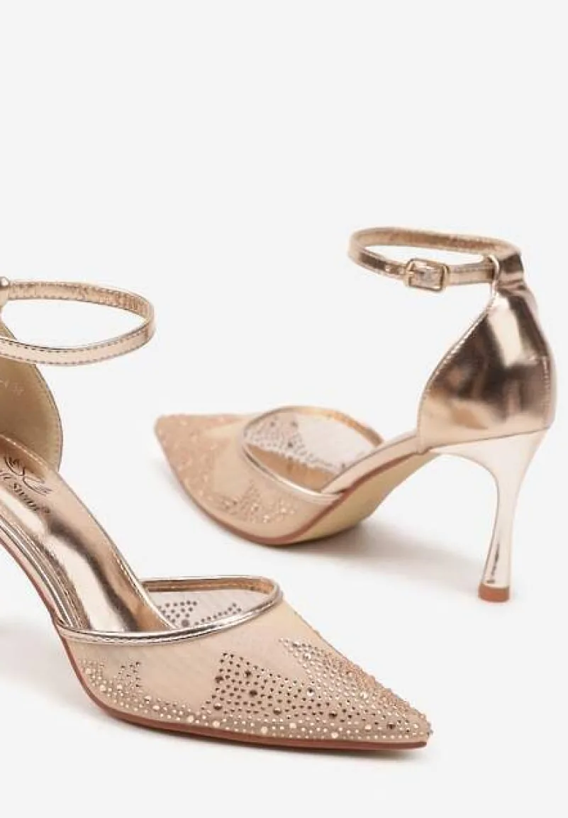 Szampańskie Sandały Szpilki z Siateczkowym Noskiem w Szpic Zdobionym Cyrkoniami Alirenda