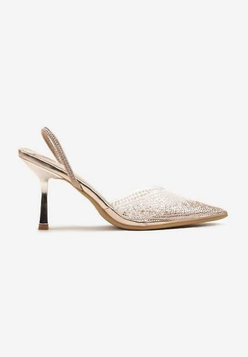 Szampańskie Sandały Szpilki z Transparentnym Noskiem w Szpic z Cyrkoniami Nimilune