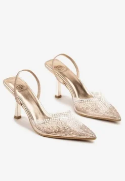 Szampańskie Sandały Szpilki z Transparentnym Noskiem w Szpic z Cyrkoniami Nimilune