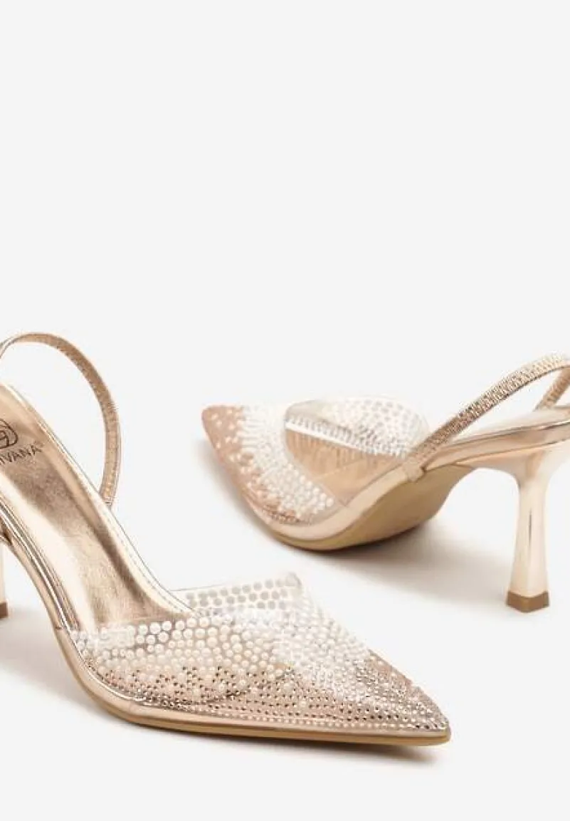 Szampańskie Sandały Szpilki z Transparentnym Noskiem w Szpic z Cyrkoniami Nimilune