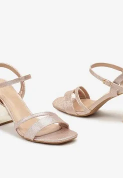 Szampańskie Sandały Zapinane na Sprzączkę z Kryształkami na Słupku i Brokatem Laquie