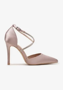 Szampańskie Satynowe Szpilki Ozdobione Cyrkoniami na Cienkich Paskach Wynstelle