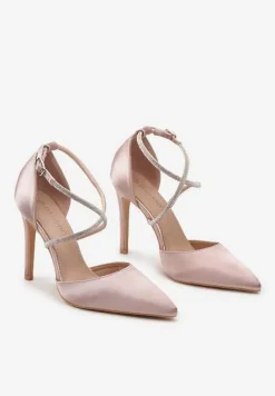 Szampańskie Satynowe Szpilki Ozdobione Cyrkoniami na Cienkich Paskach Wynstelle