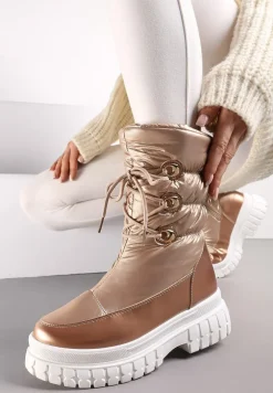 Szampańskie Sznurowane Śniegowce z Ozdobnym Pikowaniem i Połyskiem Birala