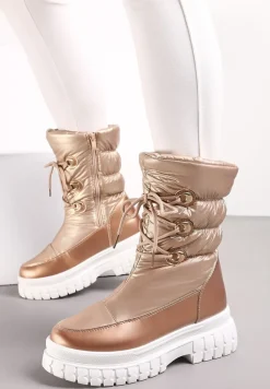 Szampańskie Sznurowane Śniegowce z Ozdobnym Pikowaniem i Połyskiem Birala