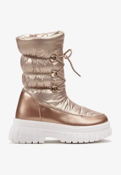 Szampańskie Sznurowane Śniegowce z Ozdobnym Pikowaniem i Połyskiem Birala