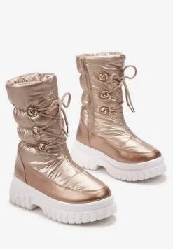 Szampańskie Sznurowane Śniegowce z Ozdobnym Pikowaniem i Połyskiem Birala