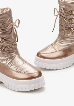 Szampańskie Sznurowane Śniegowce z Ozdobnym Pikowaniem i Połyskiem Birala