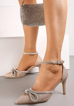 Szampańskie Szpilki z Ekoskóry na Szpilce Ozdobione Kokardą i Cyrkoniami Dovanda