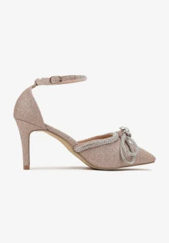 Szampańskie Szpilki z Ekoskóry na Szpilce Ozdobione Kokardą i Cyrkoniami Dovanda