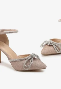 Szampańskie Szpilki z Ekoskóry na Szpilce Ozdobione Kokardą i Cyrkoniami Dovanda