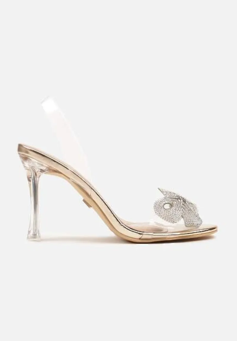 Szampańskie Transparentne Sandały na Szpilce Vices Ozdobione Kokardą z Cyrkonii Bolhiris