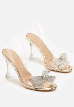 Szampańskie Transparentne Sandały na Szpilce Vices Ozdobione Kokardą z Cyrkonii Bolhiris