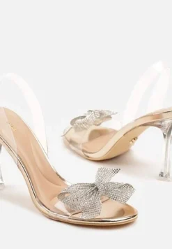 Szampańskie Transparentne Sandały na Szpilce Vices Ozdobione Kokardą z Cyrkonii Bolhiris