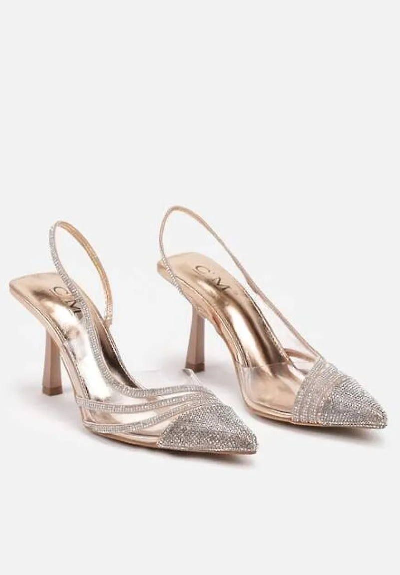 Szampańskie Transparentne Sandały na Szpilce z Błyszczącymi Cyrkoniami Ivelina