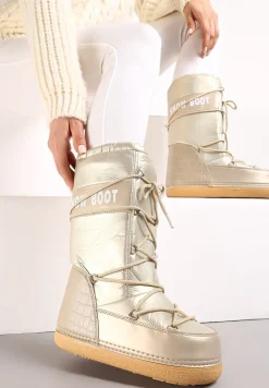 Szampańskie Wsuwane Śniegowce na Platformie z Wiązaniem i Ozdobną Taśmą Gorgona