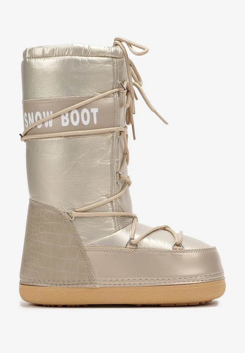 Szampańskie Wsuwane Śniegowce na Platformie z Wiązaniem i Ozdobną Taśmą Gorgona