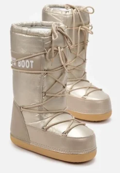 Szampańskie Wsuwane Śniegowce na Platformie z Wiązaniem i Ozdobną Taśmą Gorgona