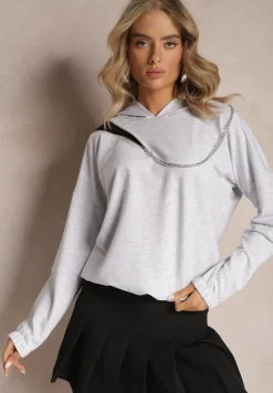 Szara Asymetryczna Bluza z Bawełny z Kapturem i Ozdobnym Suwakiem Lueur