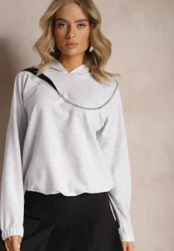 Szara Asymetryczna Bluza z Bawełny z Kapturem i Ozdobnym Suwakiem Lueur