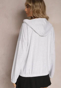 Szara Asymetryczna Bluza z Bawełny z Kapturem i Ozdobnym Suwakiem Lueur
