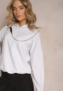 Szara Asymetryczna Bluza z Bawełny z Kapturem i Ozdobnym Suwakiem Lueur