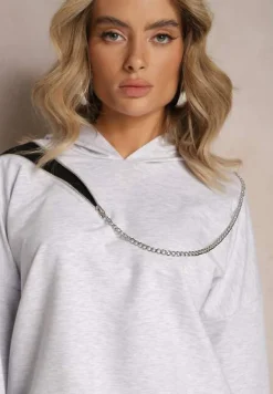 Szara Asymetryczna Bluza z Bawełny z Kapturem i Ozdobnym Suwakiem Lueur