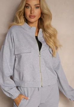 Szara Bluza Bomberka na Zamek Błyskawiczny z Ozdobnymi Kieszeniami Alprea