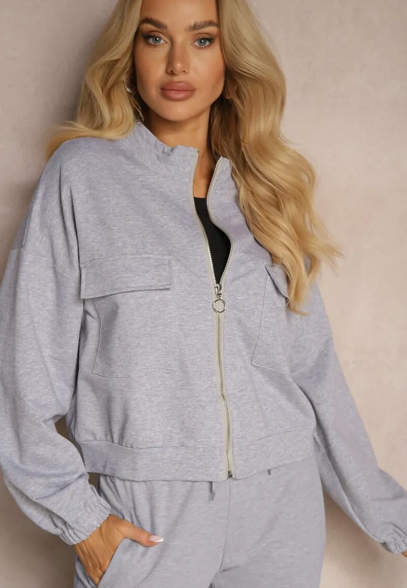Szara Bluza Bomberka na Zamek Błyskawiczny z Ozdobnymi Kieszeniami Alprea