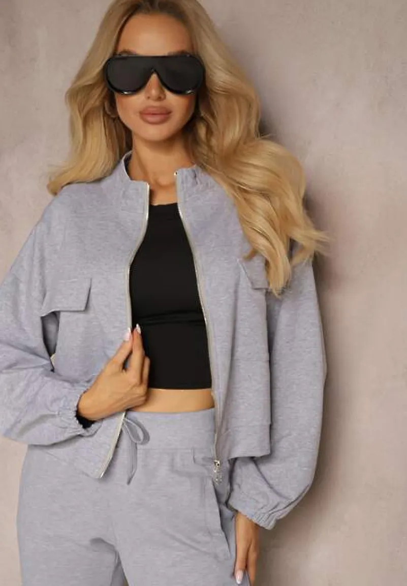 Szara Bluza Bomberka na Zamek Błyskawiczny z Ozdobnymi Kieszeniami Alprea