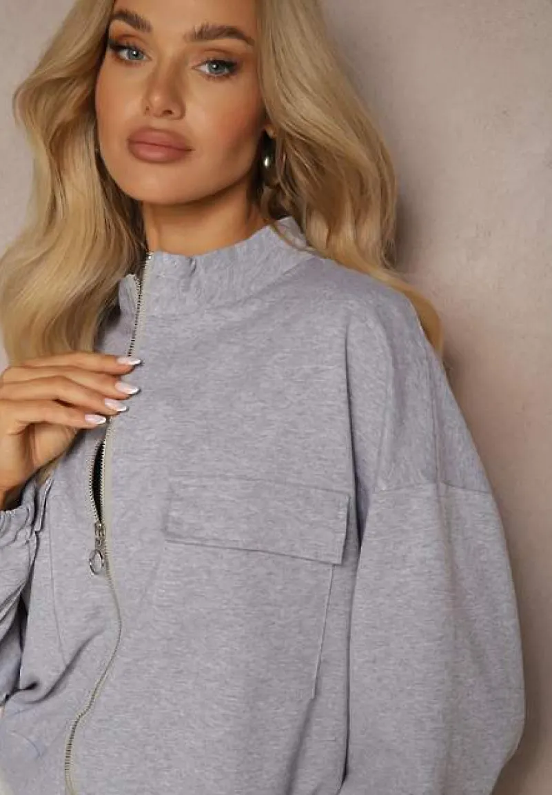 Szara Bluza Bomberka na Zamek Błyskawiczny z Ozdobnymi Kieszeniami Alprea